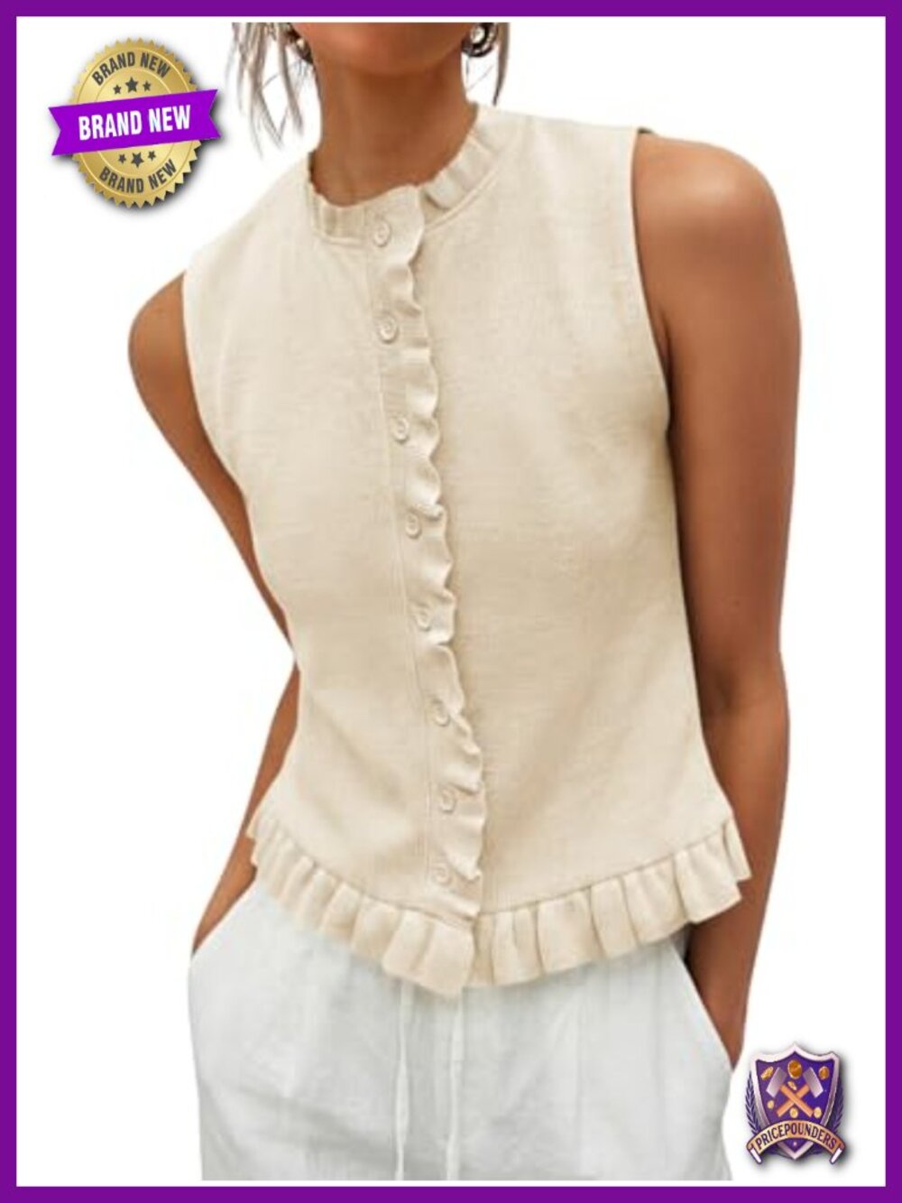 Sleeveless Ribbed Knit Ruffle Button Tank